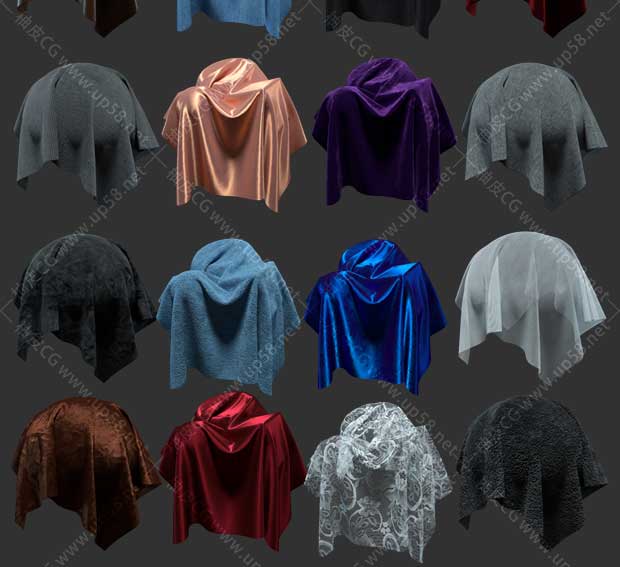 C4D Octane Render绸缎绒布蕾丝粗布窗帘皮革织物布料材质球素材