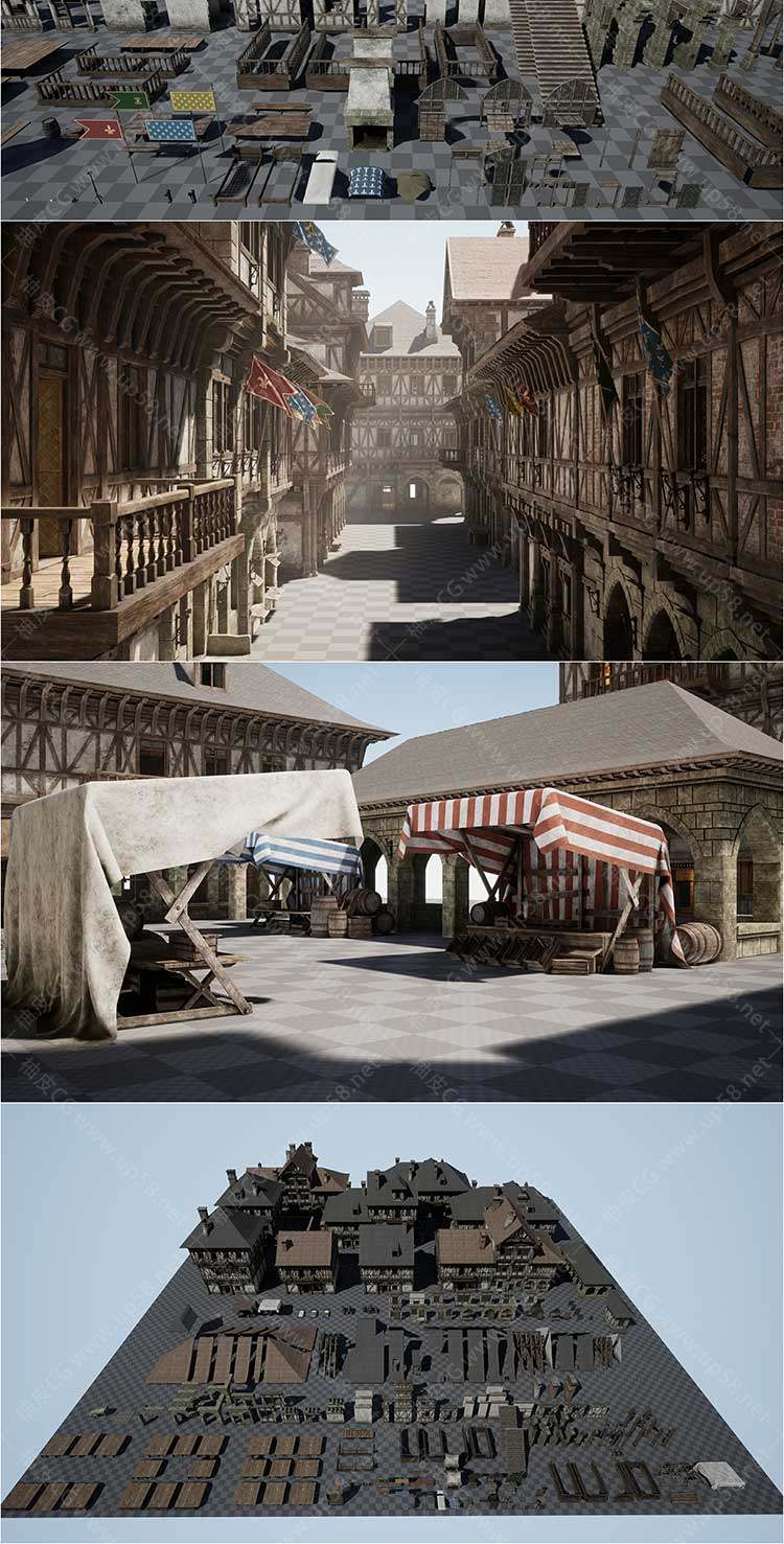 Unreal Engine包含内部结构的模块化中世纪城镇建筑UE资源