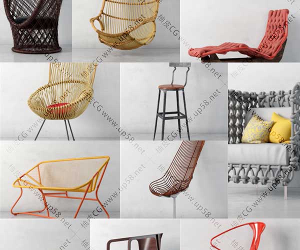 3DSMAX / C4D / VRay竹藤编制休闲椅吊椅躺椅家具精细3D模型
