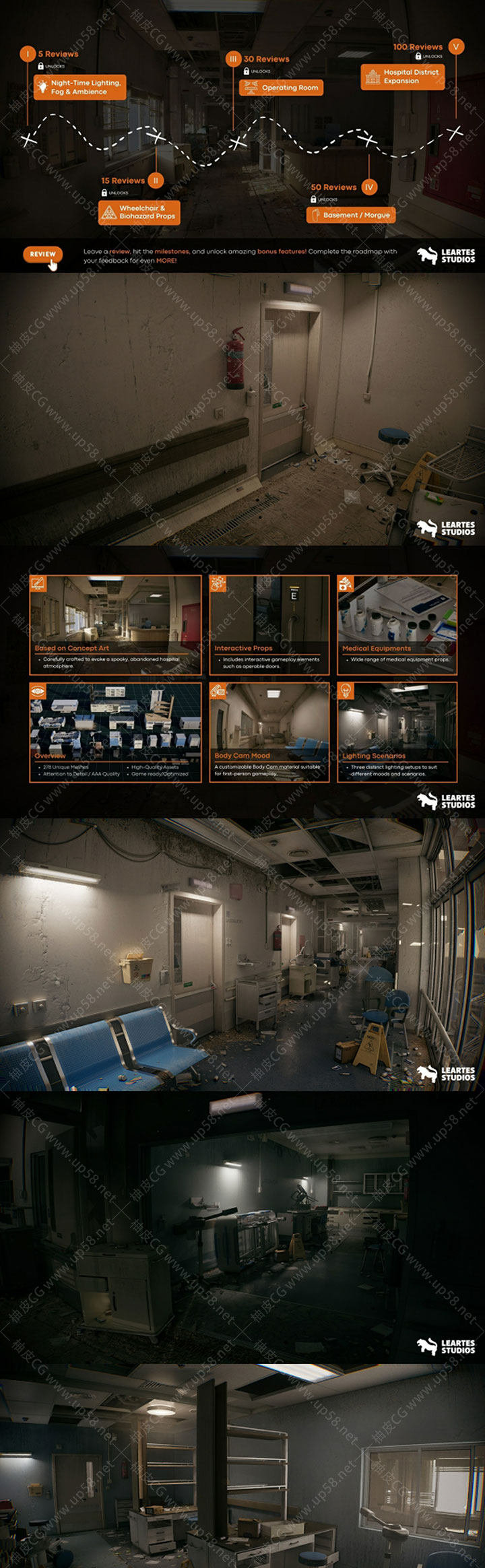 Unreal Engine废弃医院模块化快速搭建写实恐怖环境资产包