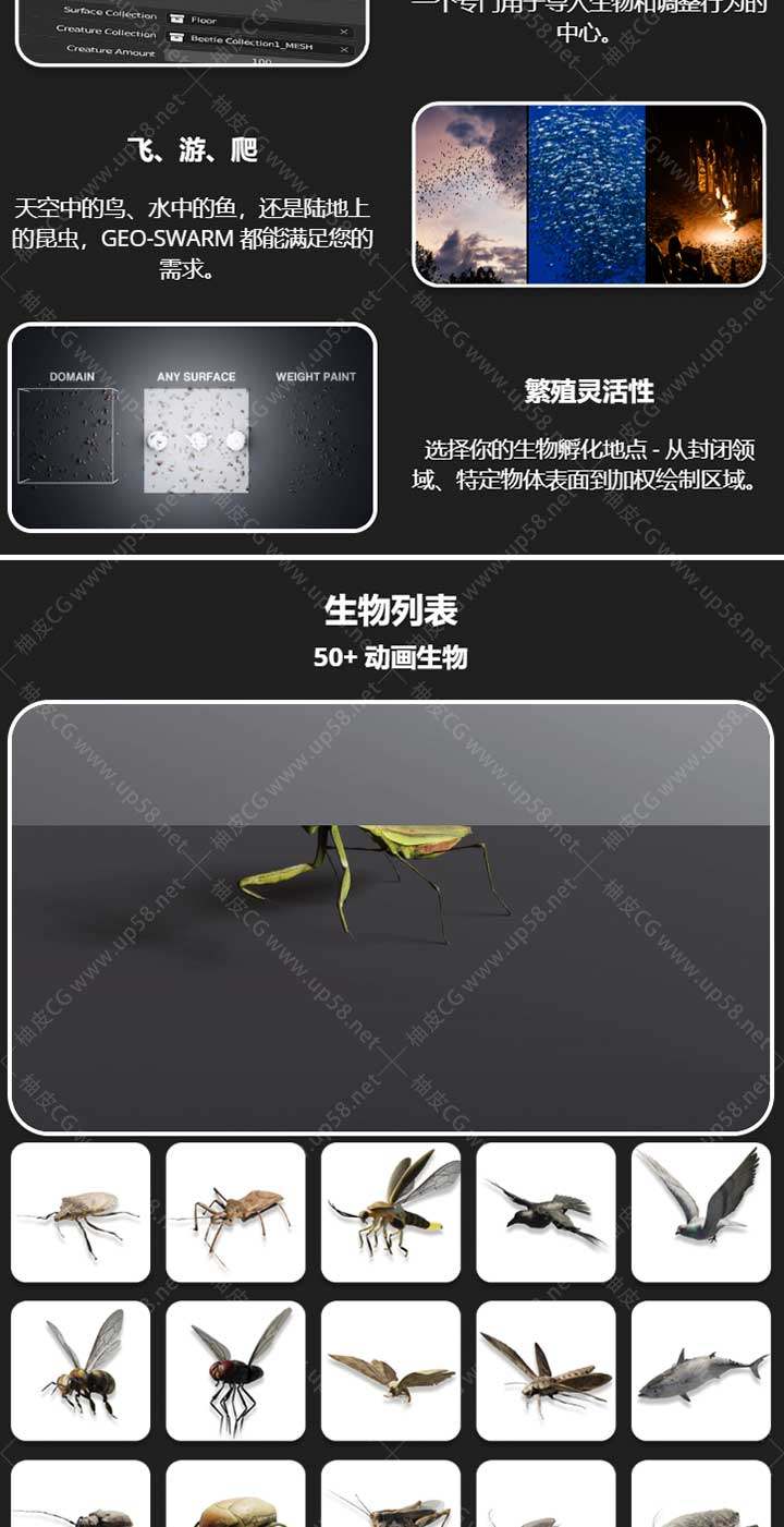 Blender高级动物昆虫类模拟插件 Geo-Swarm V2.0 +Assets