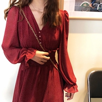 European Station 2021 Autumn Age-reduced French Fairy Flower Long Skirt Dress Waist Slim V Neck Chiffon Polo Dot Dress