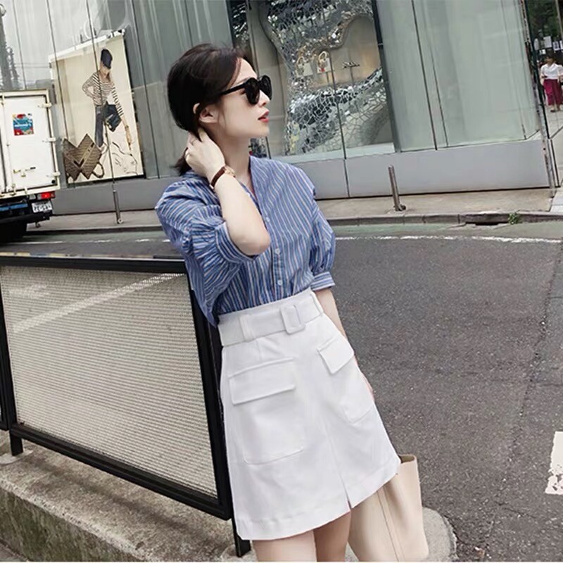 European station 2022 new summer professional suit female high waist slim and soft wind short sleeve shirt temperament pack skirt