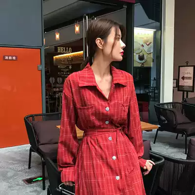European station 2021 autumn new plaid coat women's ins retro waist loose knee long version dress women