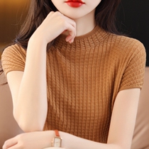 Tide card 2022 spring summer new wool knit short sleeve T-shirt woman slim fit half height collar bottom-shirt blouse