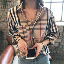 European station Autumn New striped plaid shirt female retro temperament light cooked long sleeve loose Hong Kong taste casual top