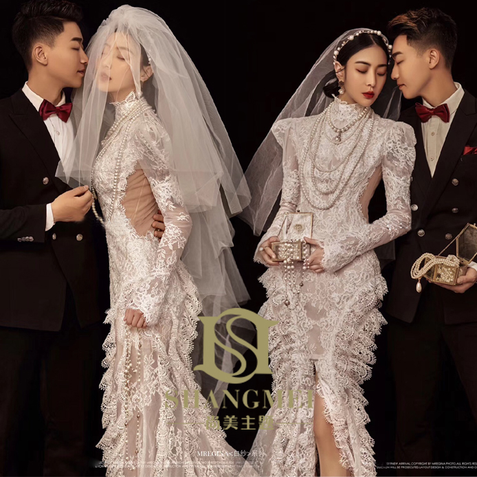 Retro lace wedding dress suitable for photo sessions, European style, long sleeve, with sleeve, champagne color Retro lace wedding dress suitable for photo sessions, European style, long sleeve, with sleeve, champagne color