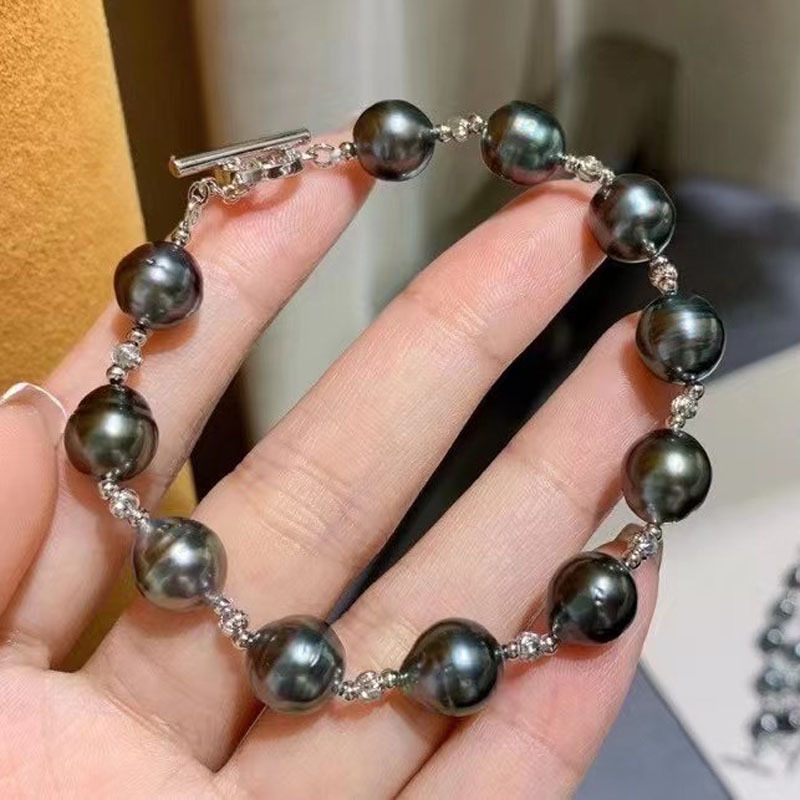 Tahitian Seawater Black Pearl Bracelet, Unique Baroque Spiral 9-10mm Genuine Strong Luster Real Pearl Black for Women