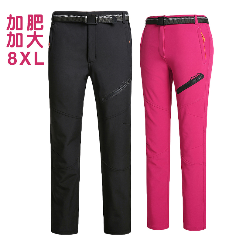 Large size punching pants men's gattening with increased warm and velvety windproof and waterproof soft shell punching front pants female outdoor winter fattening