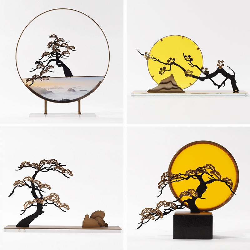 New Chinese sunrise wrought iron welcoming pine mood decoration Teahouse Teahouse entrance side cabinet Zen craft soft decoration