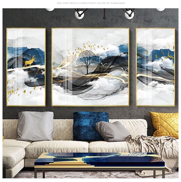 New Chinese style style living room sofa setting wall sanlian decorative crystal porcelain painting show scenery of bedroom the head of a bed hangs a picture