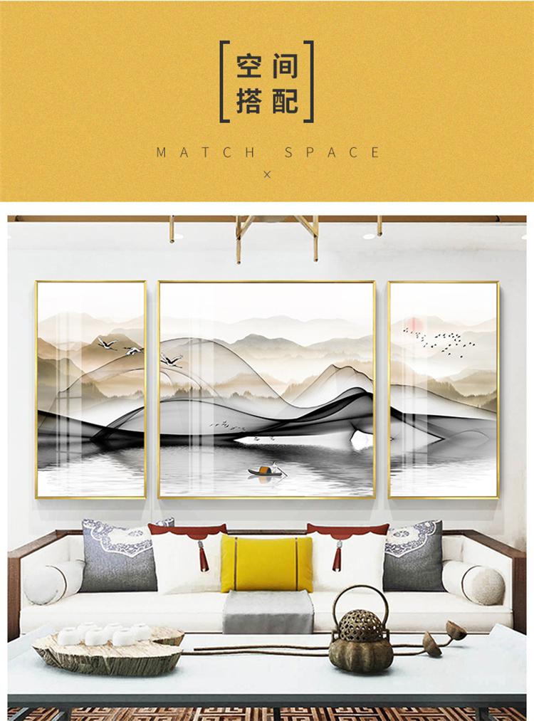 New Chinese style style living room sofa setting wall sanlian decorative crystal porcelain painting show scenery of bedroom the head of a bed hangs a picture