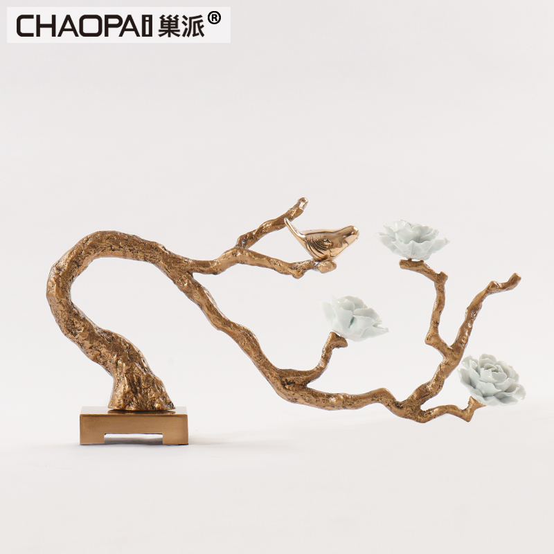 New Chinese simulation tree branch bird ornament creative retro company front desk hotel lobby Bogu rack display cabinet furnishings