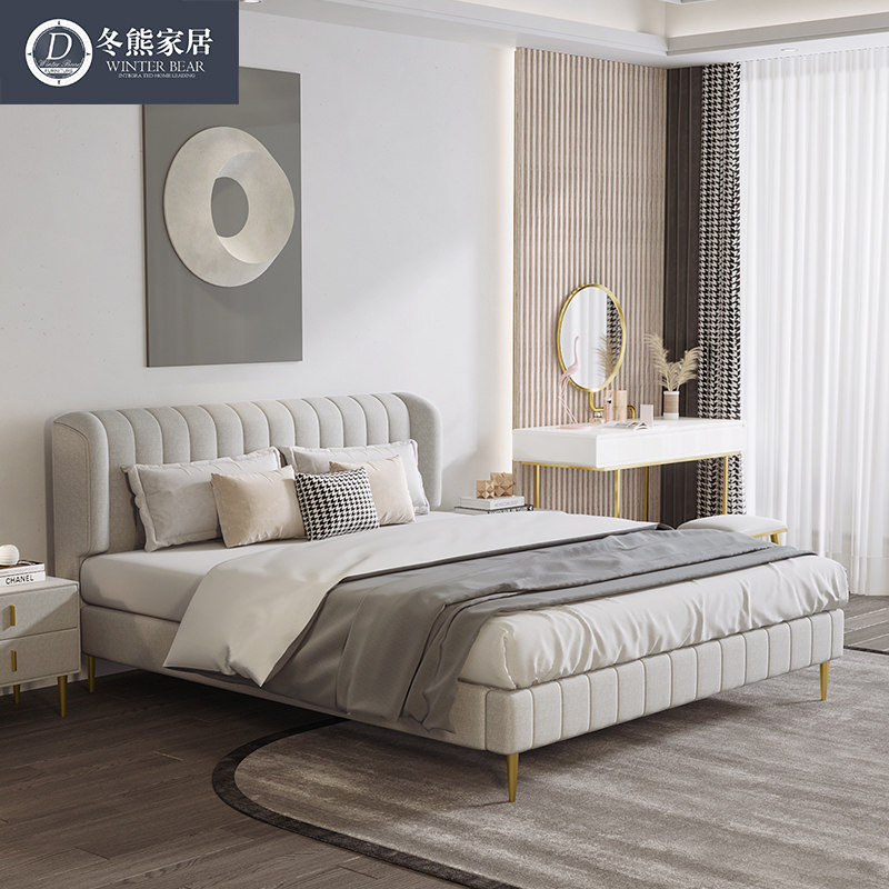 Winter bear fabric bed Nordic modern simple technology cloth bed net red ins light luxury double bed master bedroom soft bag bed