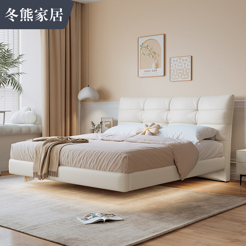 Winter Bear Suspended Bed Brief Modern Light Luxury Real Leather Bed Double Master Bedroom 1 8m Cream Wind Net Red Wedding Bed-Taobao