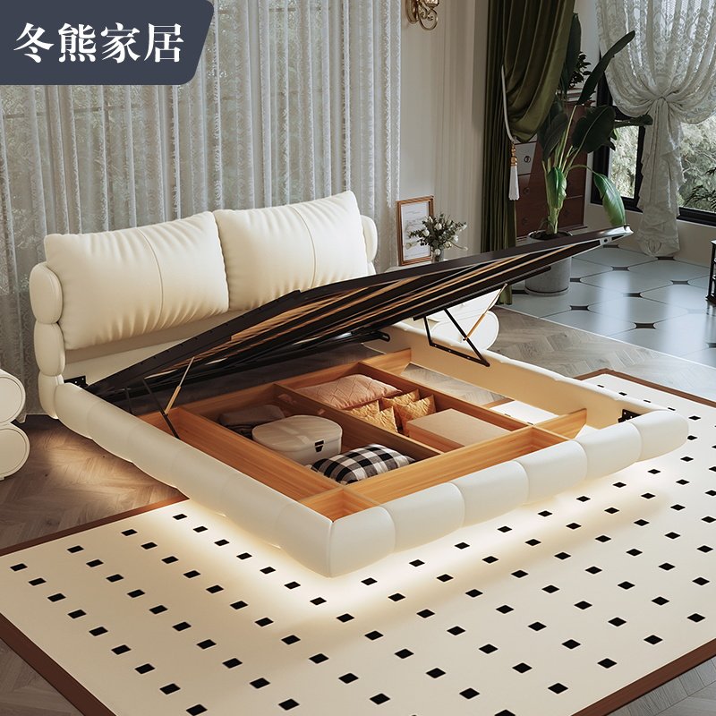 Winter Bear Suspension Bed With Lamp Light Lavish Style Cream Wind Genuine Leather Bed Double Master Bedroom With High Box Storage Puff Bed-Taobao