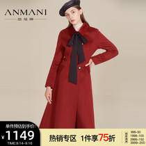 ANMANI enmanlin autumn and winter retro red Heben style bow tie waist A letter woolen coat coat coat coat EAN9DA30