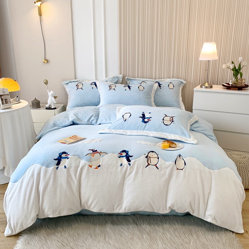 Milk Suede Four Pieces Of Embroidery Warm Thickening Double Sided Baby Suede Coral Suede Cartoon Bed Bedding Winter