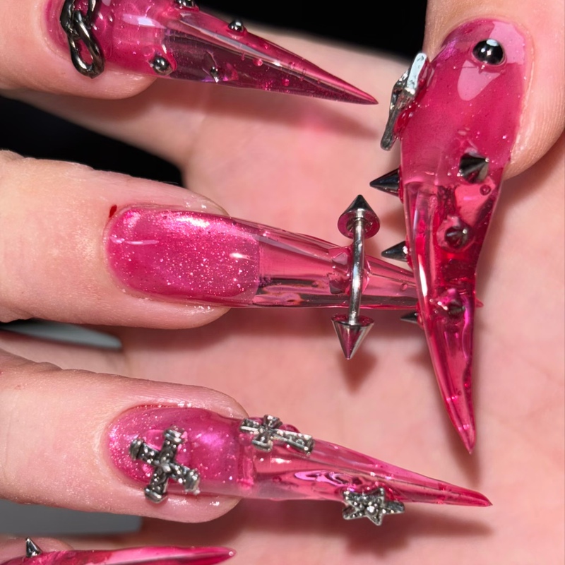 Rc Handmade Finished Nail Art Long Dragon Claw Nails Animal Nails Cat Claw Transparent Pink Cross Style