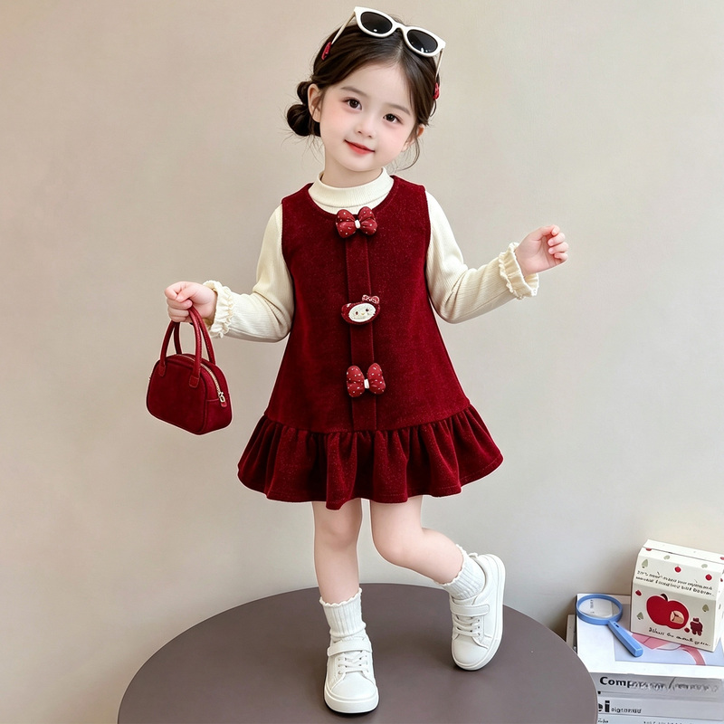Girls' Dress Set Autumn and Winter 2026 New Stylish Girl Baby Undershirt and Vest Dress Two-Piece Set