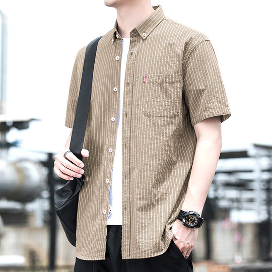 2025夏季新款男士薄款条纹短袖衬衫宽松休闲男装棉衬衣潮流寸上衣
