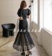 High-end custom ladies and ladies temperament elegant bubble short-sleeved slim fishtail swing lace long round neck dress