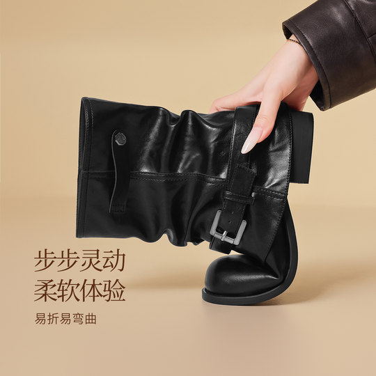 Western Cowboy Ruched Short Boots for Women 2025 Winter New Style Slimming Bootcut Boots with Chunky Heels for Petite Riders