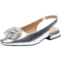 Baotou sandals for women 2024 new summer French silver shallow pumps rhinestone thick heel Mary Jane shoes with skirt