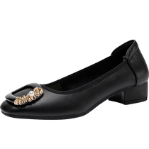 ZHR shallow mouth single shoes for women genuine leather low heel 2024 spring new medium heel womens shoes square toe soft leather autumn small leather shoes