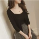 Mùa hè áo len lụa cổ chữ V của phụ nữ áo len ngắn đoạn mỏng tay áo bảy điểm điều hòa áo sơ mi mỏng phần áo chống nắng áo choàng