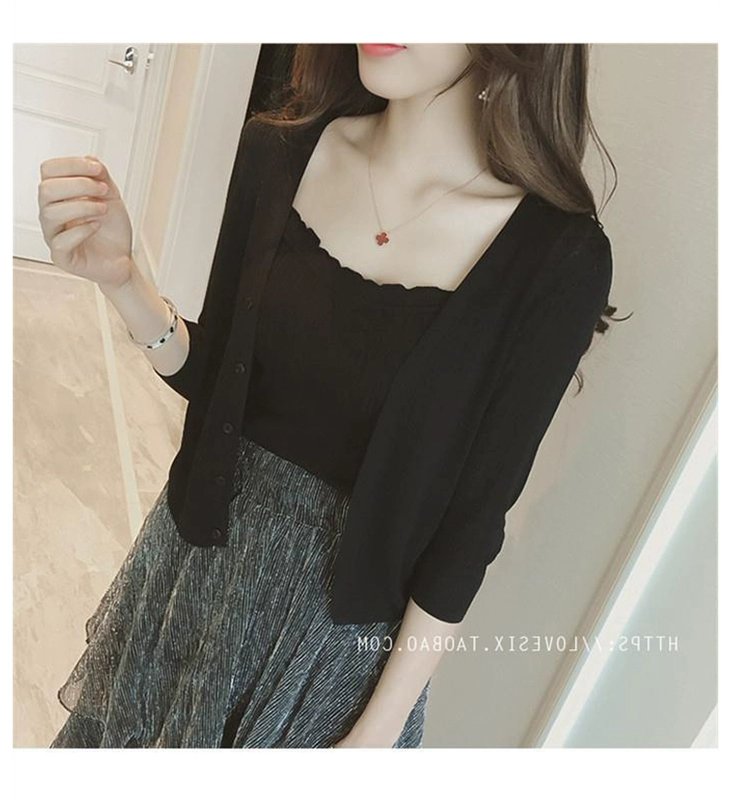 Mùa hè áo len lụa cổ chữ V của phụ nữ áo len ngắn đoạn mỏng tay áo bảy điểm điều hòa áo sơ mi mỏng phần áo chống nắng áo choàng