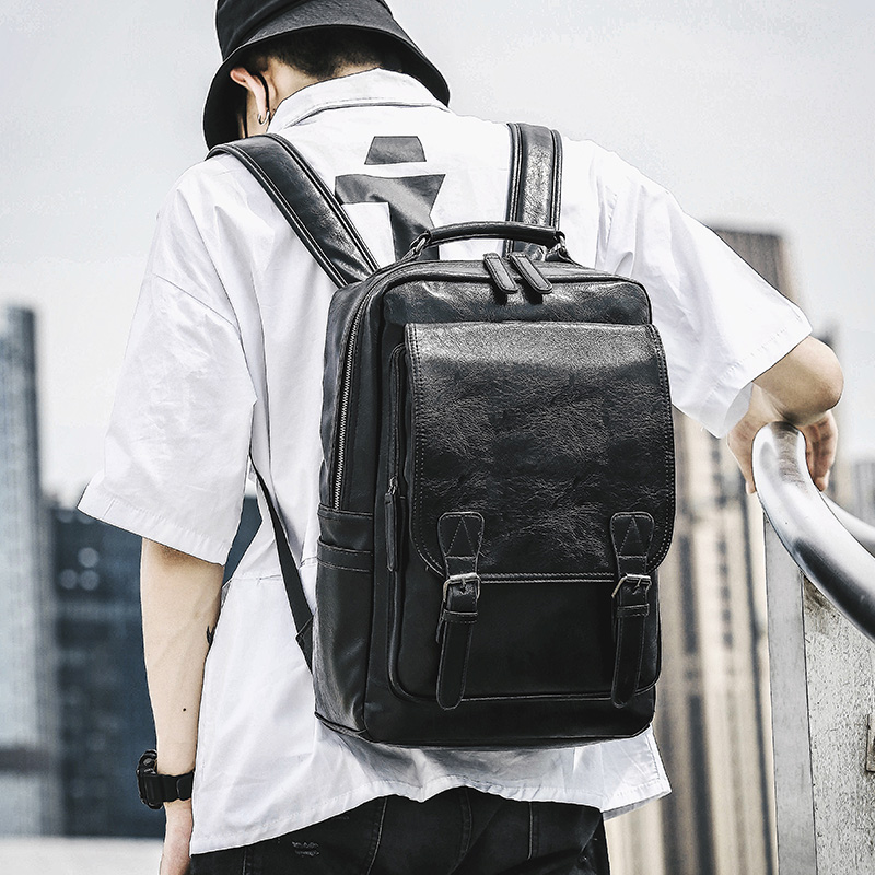 Hong Kong Genuine Leather Rear Shoulder Bag Trend Han Edition School Bag Computer Bag Tide Male Cortex Double Shoulder Bag Buckle SHOULDER bag