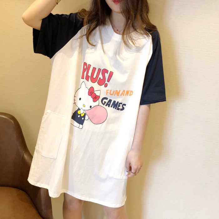 Bong bóng mèo ngắn tay váy ngủ nữ mùa hè phim hoạt hình dễ thương XL đồ ngủ phụ nữ mang thai váy ngủ phiên bản lớn của váy ngủ sinh viên