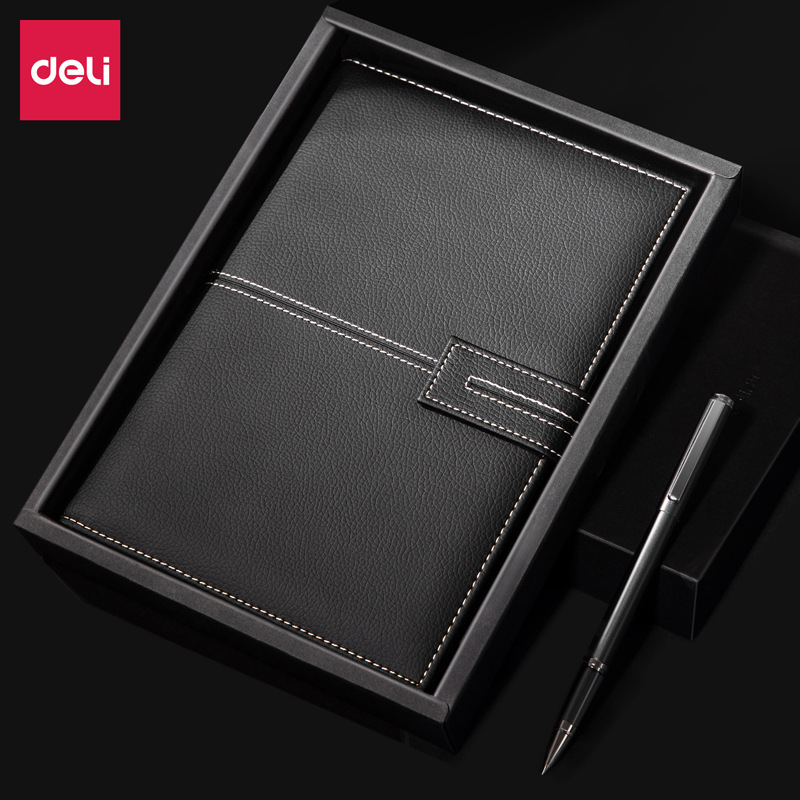 Deli 22232 leather surface book set lychee pattern PU leather surface 80G beige inner page office book with S82 gel pen