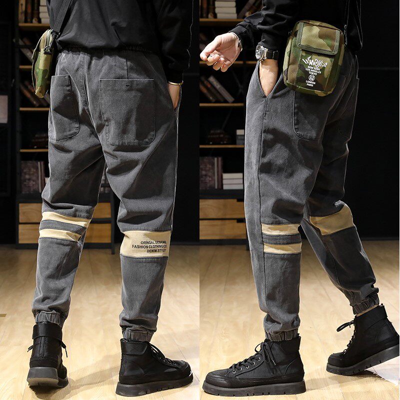 Spliced with smoky gray jeans New trendy men's pants with thickened bristles loose size Fat Harun corset pants