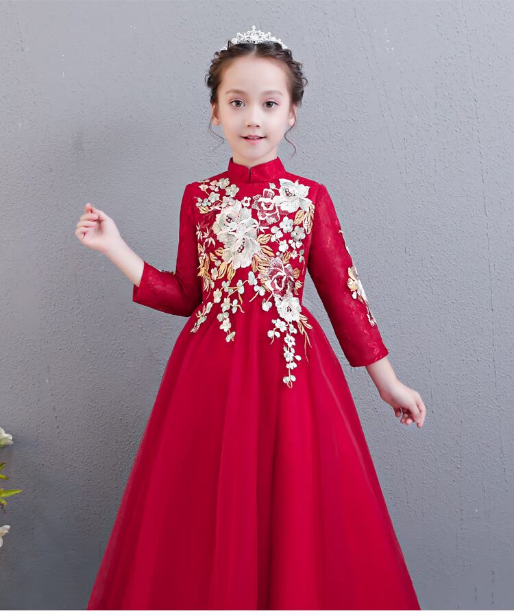 Cô gái đám cưới lông đỏ trẻ em chủ nhà buổi tối công chúa váy catwalk hoa cô gái piano trang phục mùa đông trang phục dự tiệc cho bé