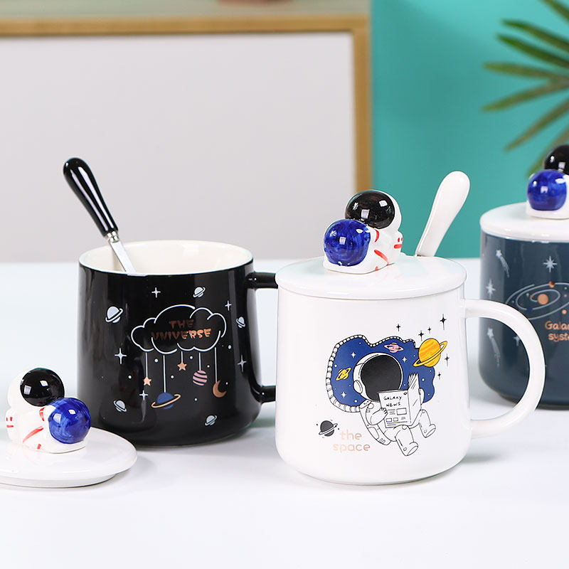 Creative ceramic cup female cute personality mug with lid spoon trend water cup cartoon couple coffee milk cup