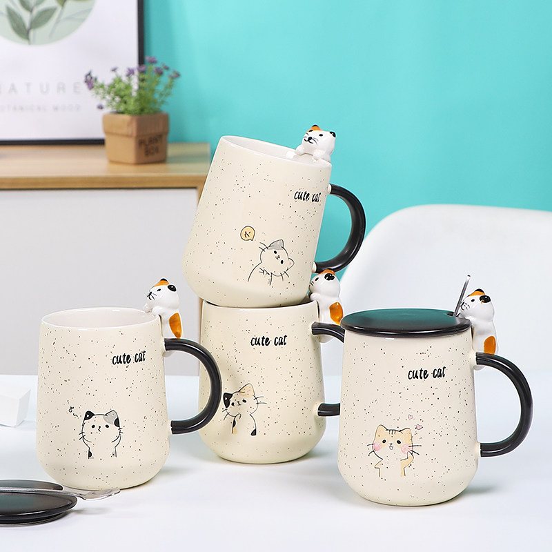 Mug creative personality trendy ceramic cup female cute teenage girl Mark cup with cover spoonful of approbation lovers water glass-Taobao
