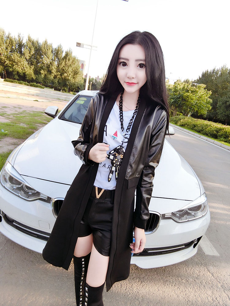 2018 mùa xuân ăn mặc thời trang mới Phong cách Slim Slim Slim dài tay khâu Da Cardigan Coat gái