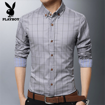 Playboy shirt mens long sleeves Autumn Tide Korean version of slim fit mens business casual plaid cotton shirt Mens