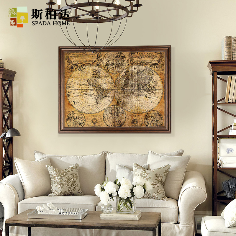 American Living Dining Office Sofa Background Wall Decorative Painting Vintage Painting Large World Map Hanging Paintings