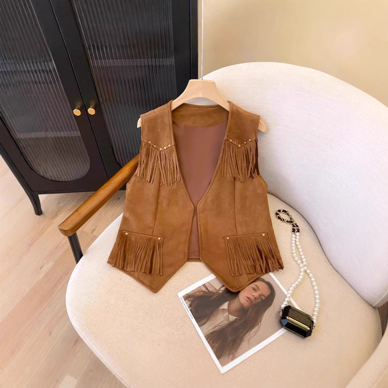 Foreign Trade Amazon Yunnan Western Cowboy Style Studded Tassel Vest Suede Outerwear Cardigan Gilet Foreign Trade Amazon Yunnan Western Cowboy Style Studded Tassel Vest Suede Outerwear Cardigan Gilet