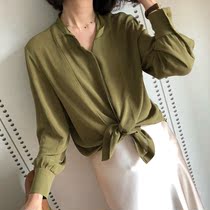 This color amazing lifting temperament ghost crepe silk light and thin breathable Ribbon small round neck long sleeve shirt 0407a 4