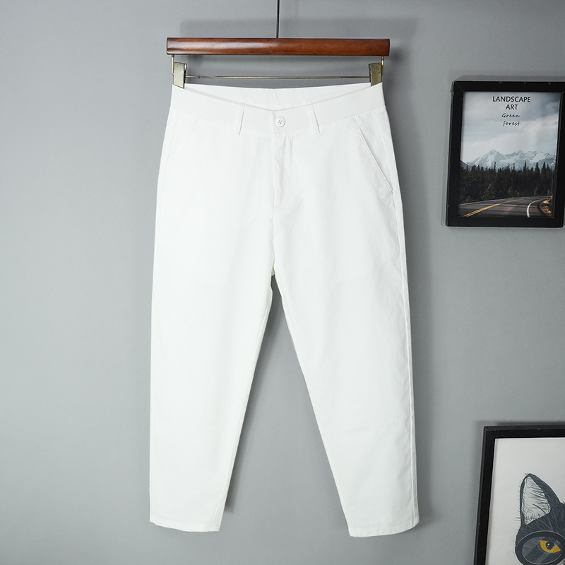 High-End White Spring and Autumn Style Premium Nine-Point Casual Pants for Men, Loose Tapered Straight-Leg, Autumn Pure White Stretch Pure Cotton