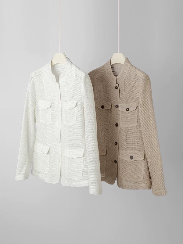 Luxury B~C! Imported Linen + Cotton Material! Shiny Silk Stand-Up Collar Pocket Knit Waist-Cinching Blazer, Spring 26, Sun Protection