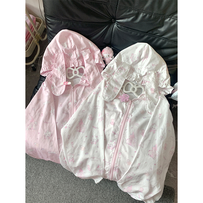 Japanese-Style Cute Cartoon Print Hooded Sun Protection Jacket for Women, Summer 2026 New Loose Fit Bunny Ears Cute Girl Coat