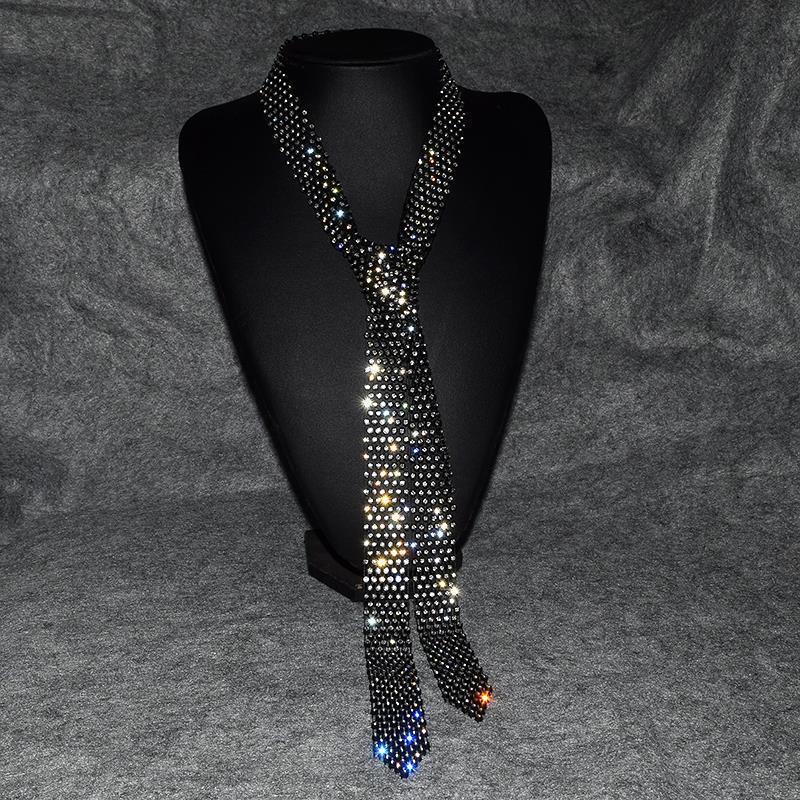 Spring and Summer New Arrivals, Shiny Multi-Row Rhinestone Long Neck Chain, European and American Fashion Personality Tie, Black Retro Scarf