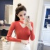 Mùa thu đông mới gợi cảm openwork đan đáy áo sơ mi nữ Slim áo thun hoang dã áo dài tay áo len cổ chữ V áo len nữ form rộng Áo len cổ chữ V