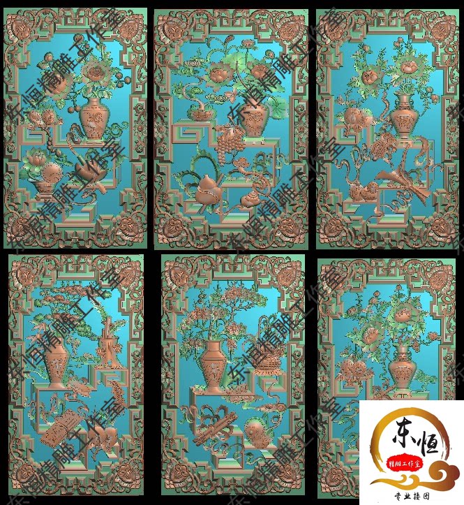 Конструкция материал исходные файлы 精雕图浮雕图镂空窗子博古八宝四季花瓶屏风门窗布古 博古门窗