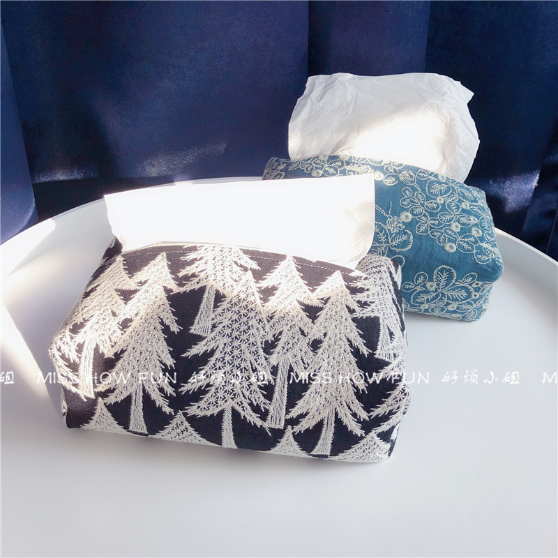 INS Non-Minagawa Akira handmade Japanese simple embroidery pine tree living room three-dimensional storage tissue bag drawston box set